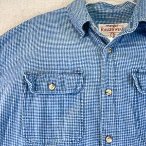 Vintage WRANGLER Rugged Wear Mens XL Blue Checkered Long Sleeve Casual Shirt